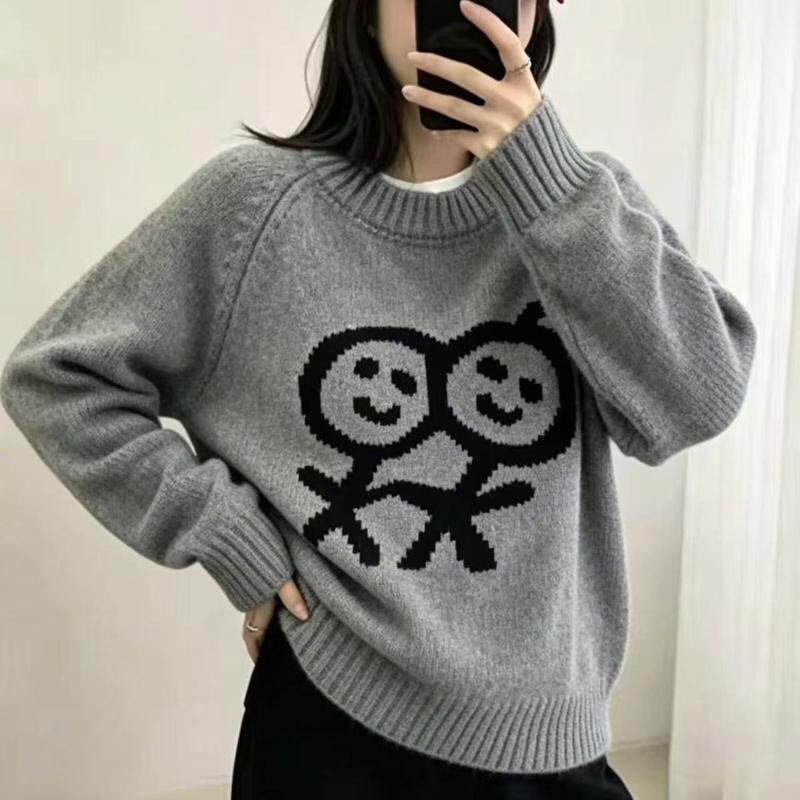 火柴人提花圆领长袖韩版套头毛衣