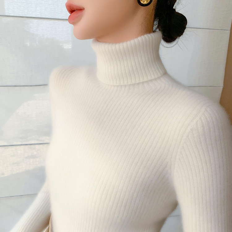高领坑条显瘦羊毛针织打底衫女