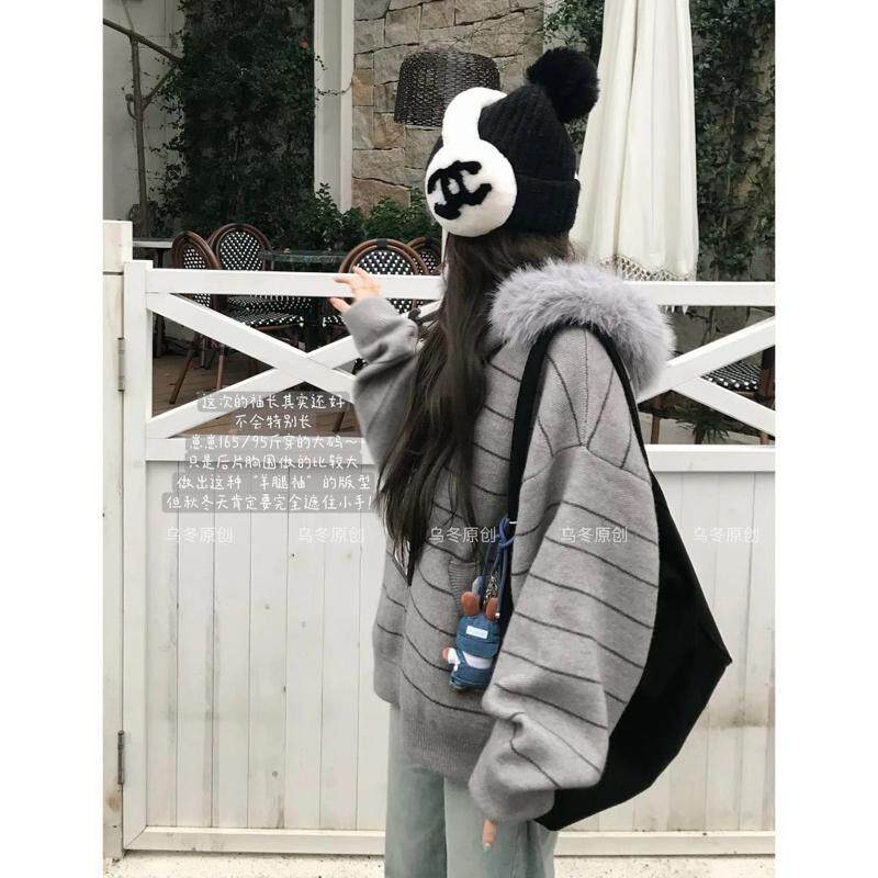 灰色条纹连帽毛衣外套女秋冬新款