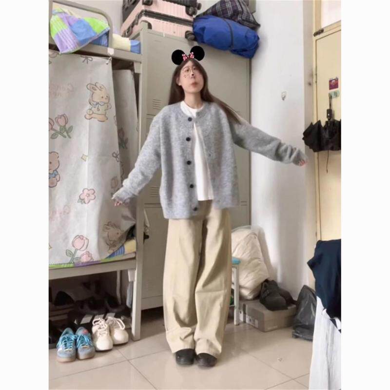 美式松弛感灰色毛衣女入秋外套慵