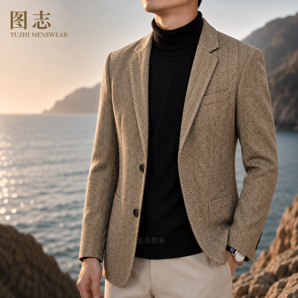 中年男修身毛呢商务西服