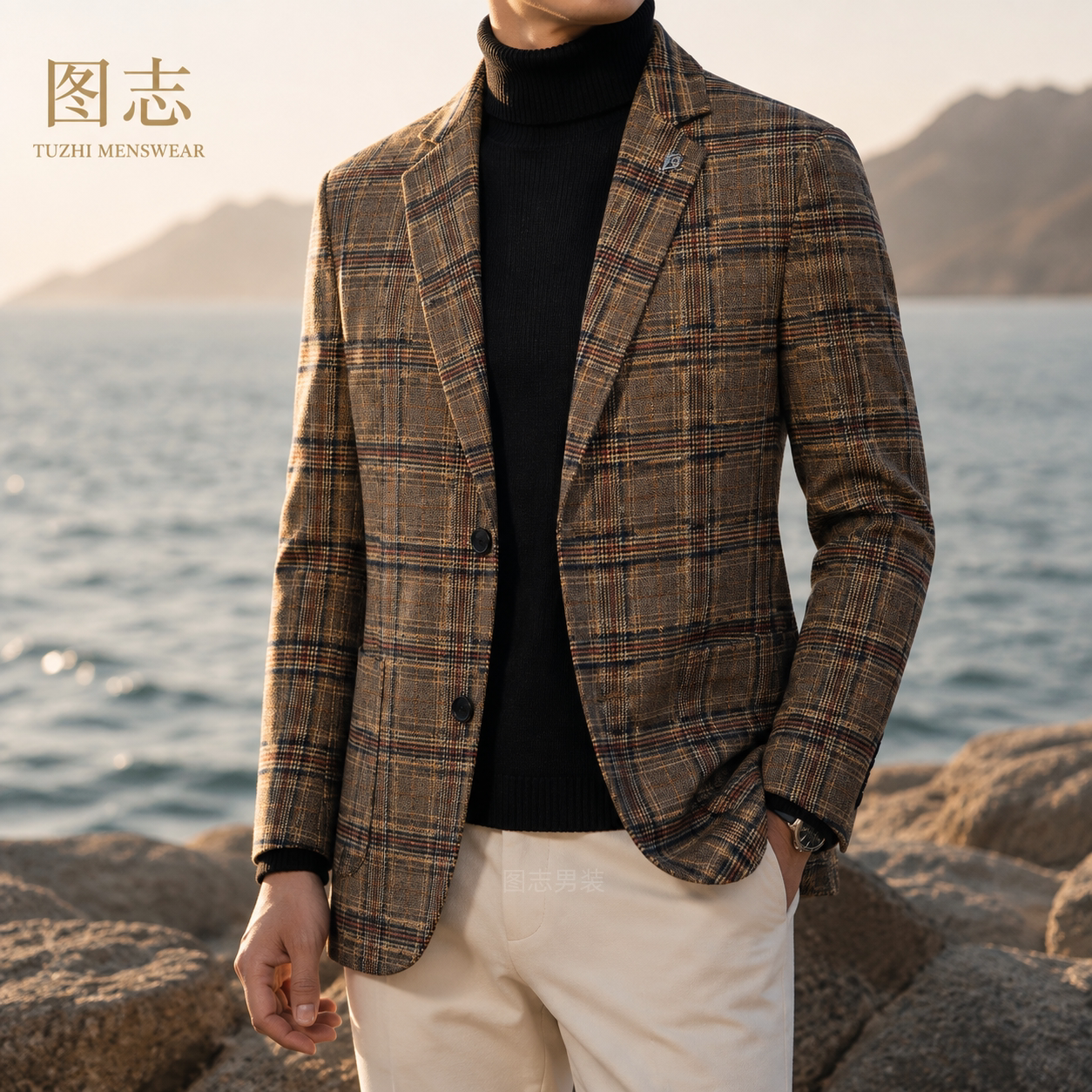 中年男千鸟格修身商务西服