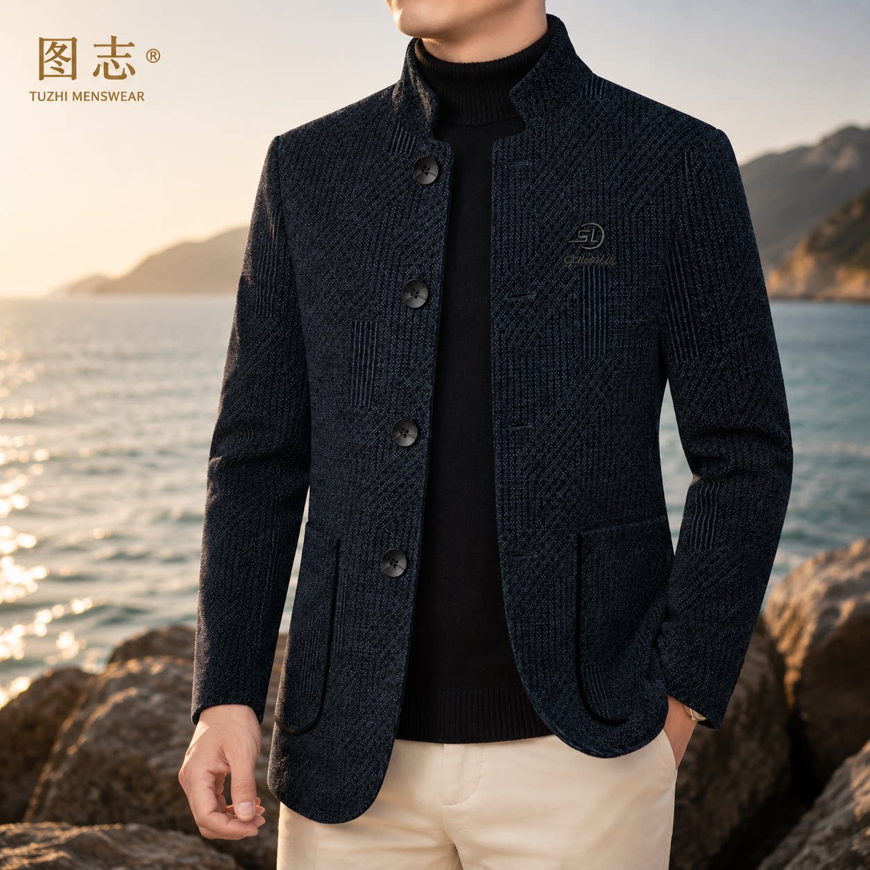 中老年男加绒加厚毛呢立领中山装