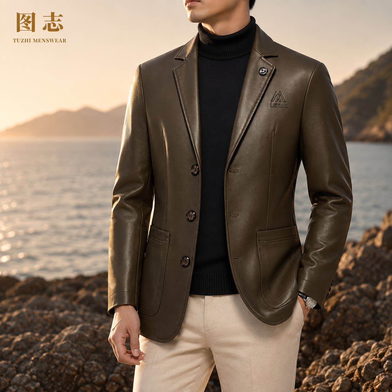 图志PU皮男修身商务西服加绒