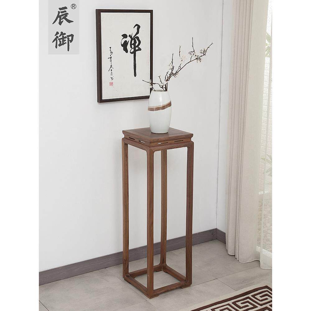 新中国风花桌北美黑胡桃禅宗实木地板站立花架灰白玉兰花盆歌曲风