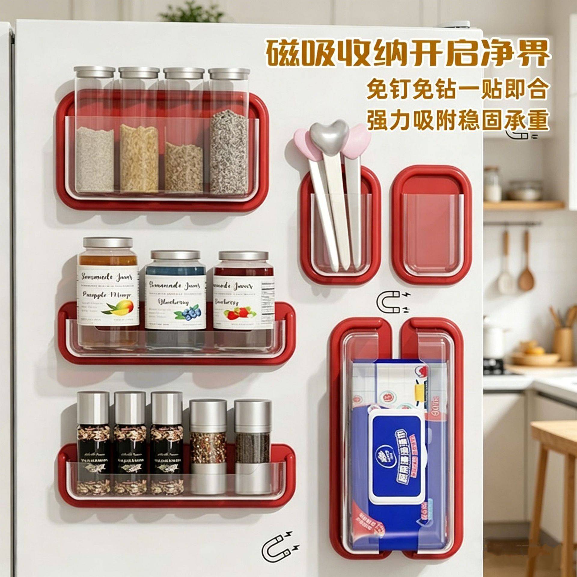 磁吸收纳盒厨房冰箱侧面壁挂置物架免打孔咖啡茶包调料杂物储物盒图片