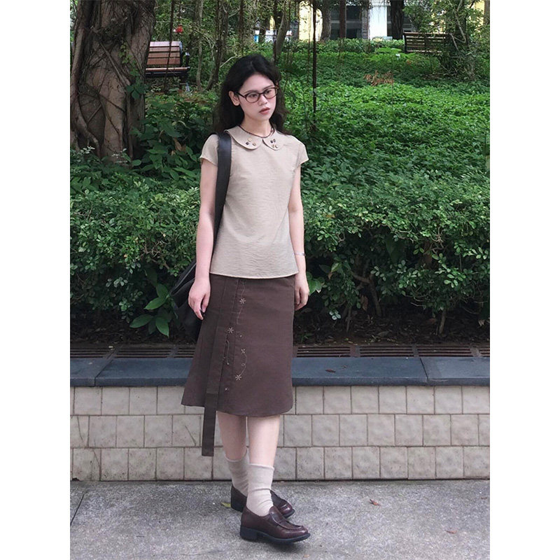 少女风娃娃领短袖衬衫上衣女夏季设计感A字半身裙套装