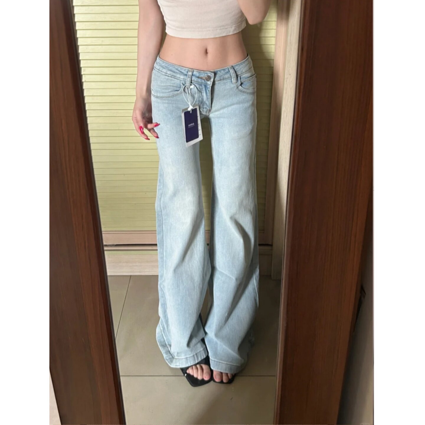 浅浅泛白牛水洗牛仔裤夏季新款美式潮流辣妹低腰修身显瘦直筒裤女