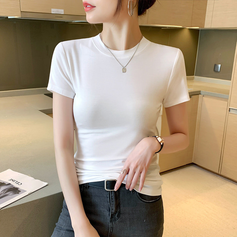 白色T恤女小高领短袖2025夏季新款内搭款修身正肩显瘦打底衫上衣