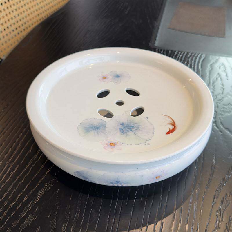 高档功夫茶具储接水盘茶盘喝茶潮州圆形陶瓷茶船2025新款高档大气