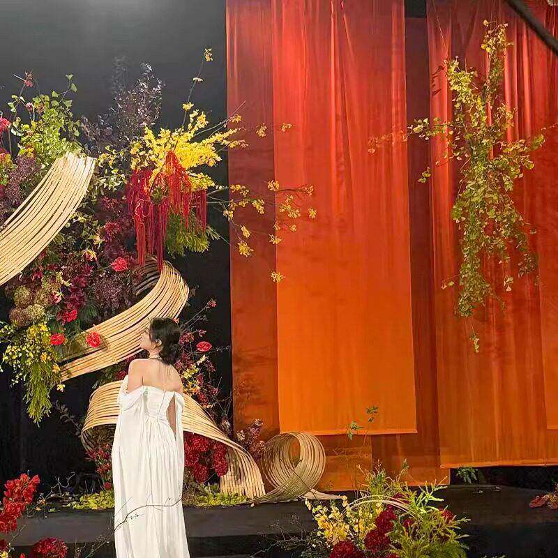 个性纱缦婚礼橘红橙渐变色半透纱打印雪纺装饰屏风纱婚庆背景布幔