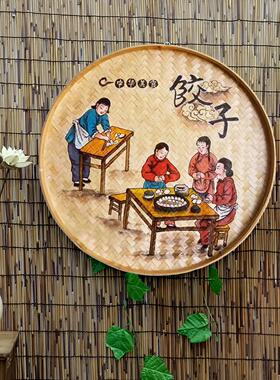 手绘竹簸箕装饰画餐厅墙面挂件墙面挂件饺子面米粉墙面装饰件墙面