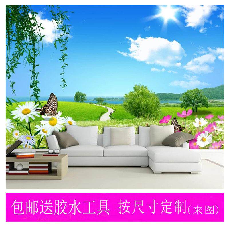 蓝天白云5d草原田园风景8d电视背景影视壁纸墙布壁纸壁画壁布
