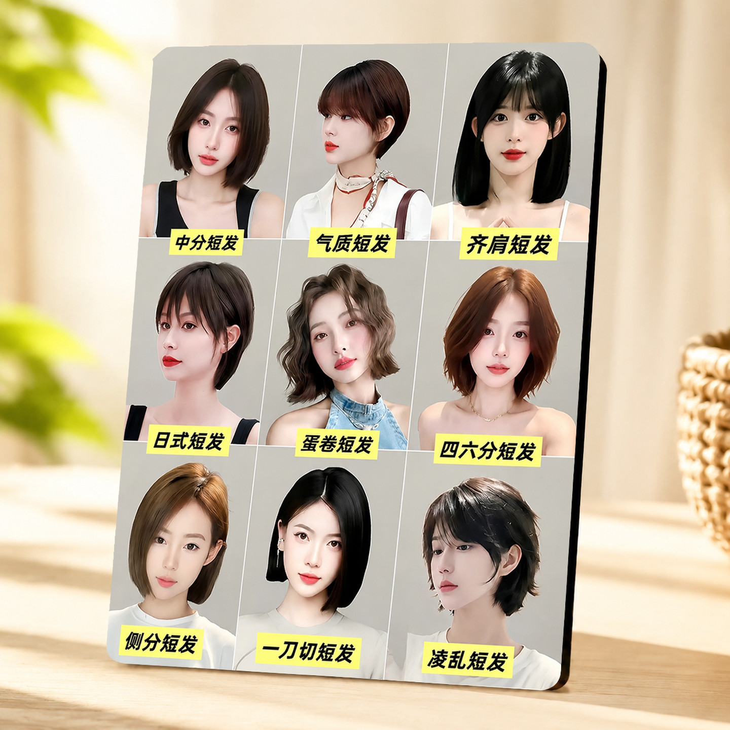 网红女生短发发型展示相框发廊理发店造型参考装饰画