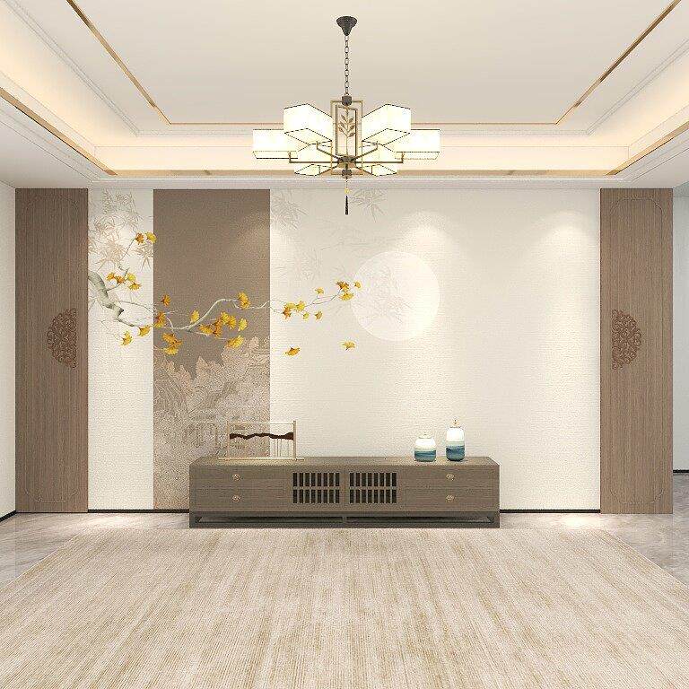 新中式撞色拼接银杏叶楼阁装饰壁画 画电视背景墙纸壁纸客厅卧室
