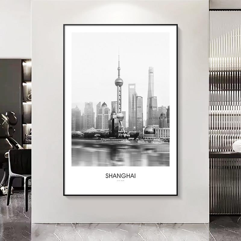 装饰画城市建筑上海黑白艺术风景摄影创意现代简约客厅定制壁挂画