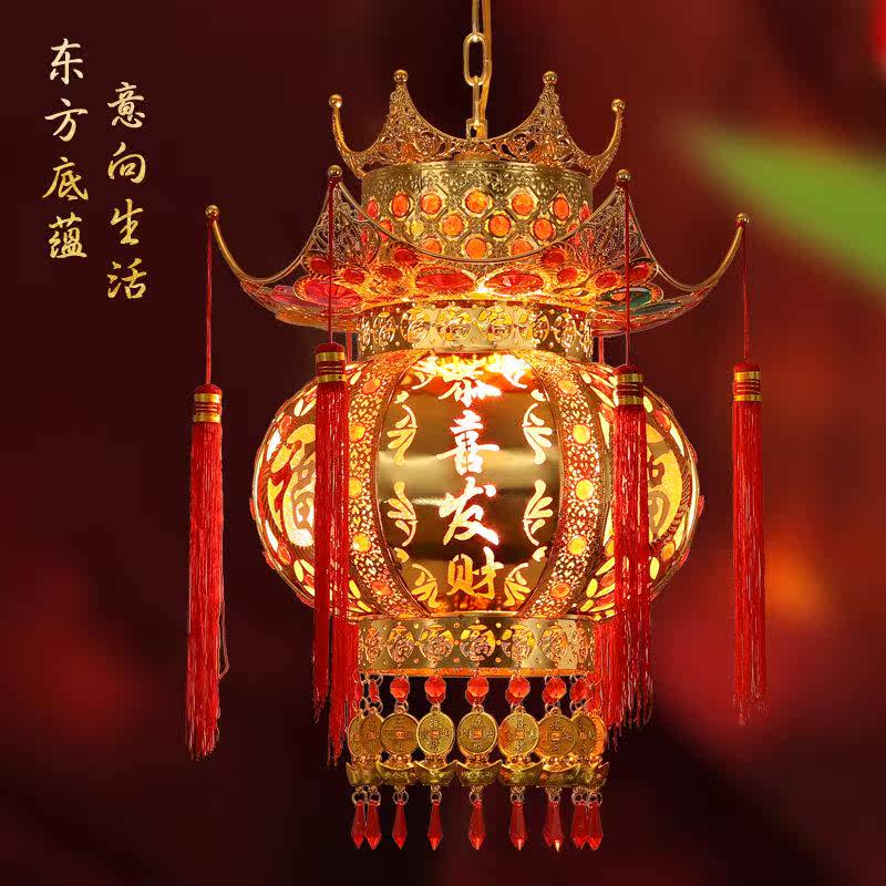 中式大红宫灯春节婚庆LED旋转吊灯 铁艺门口装饰水晶灯