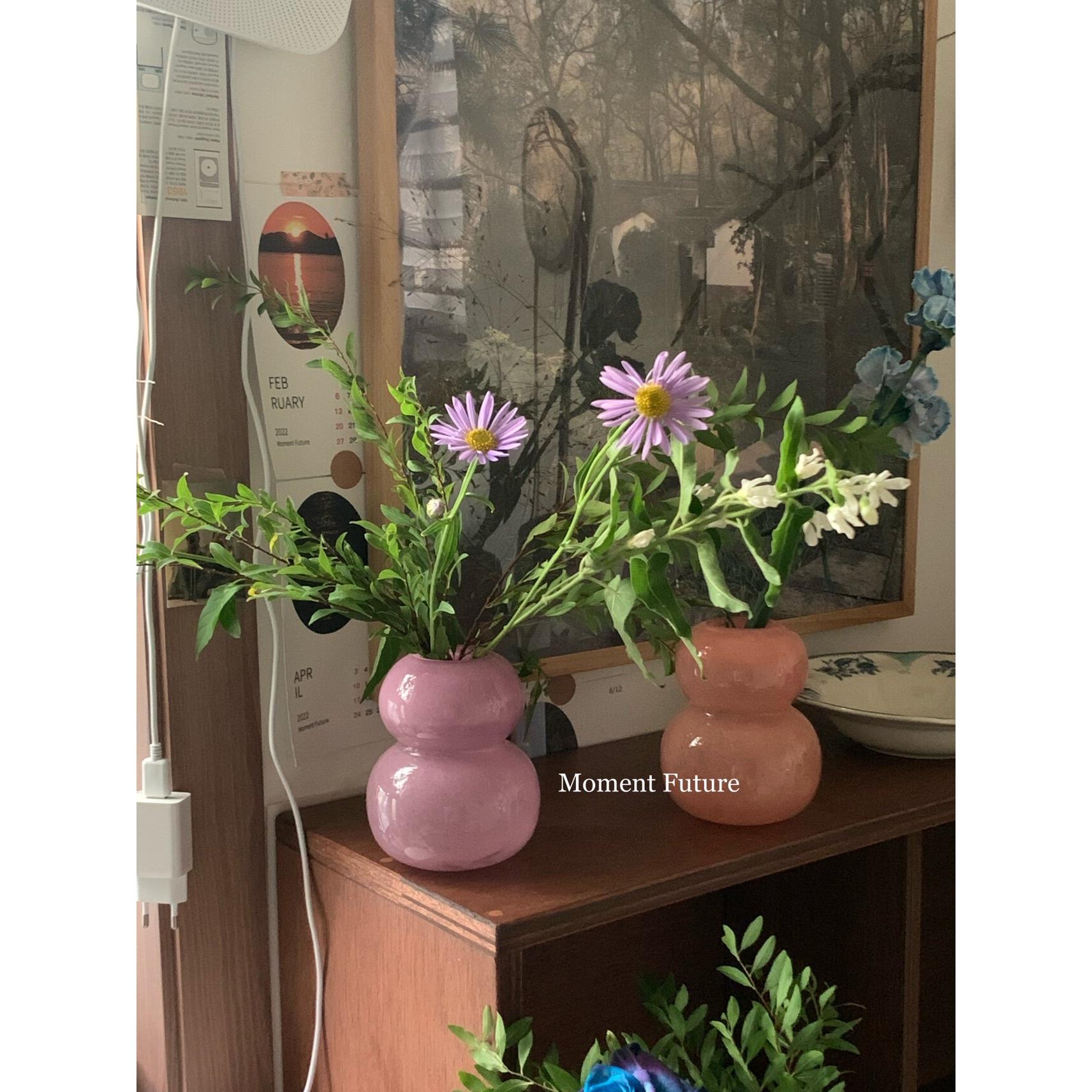 瞬间未来法式覆古玻璃花瓶葫芦形紫色肉粉简单点缀装饰