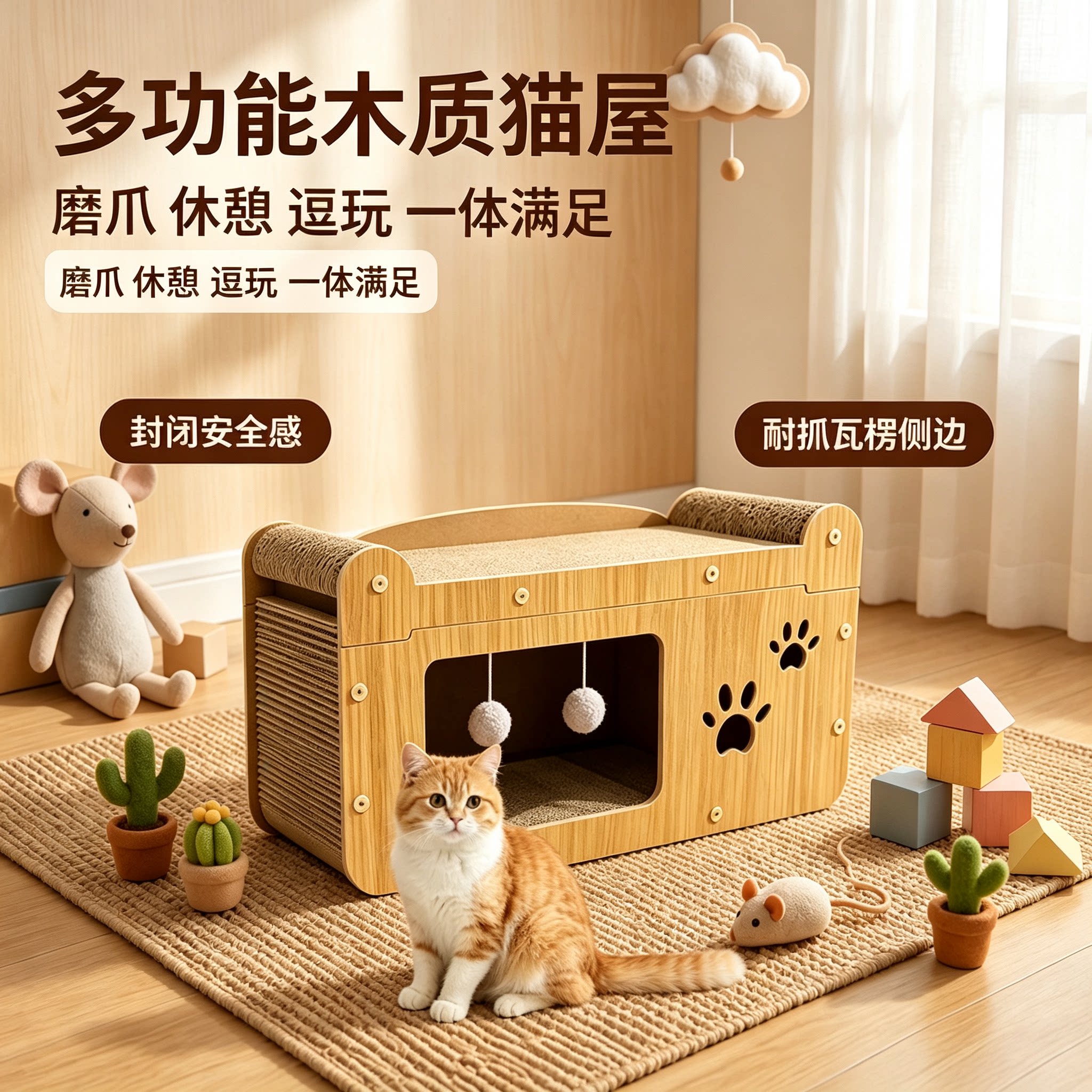 多功能立式猫抓板一体四季通用耐磨不易掉屑猫咪房子猫窝纸箱别墅