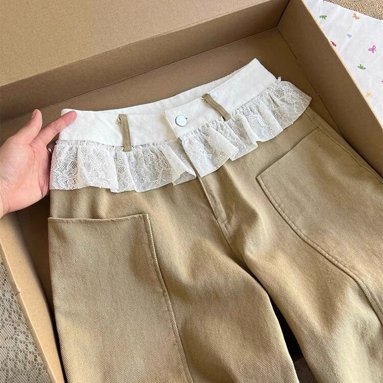 卡其色裤子小众蕾丝花边