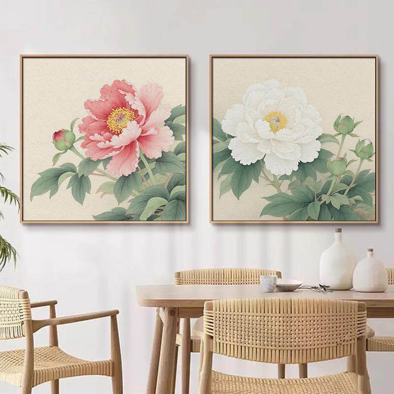 花开富贵新中式餐厅装饰画方形玄关挂画中国风简约现代牡丹花壁画