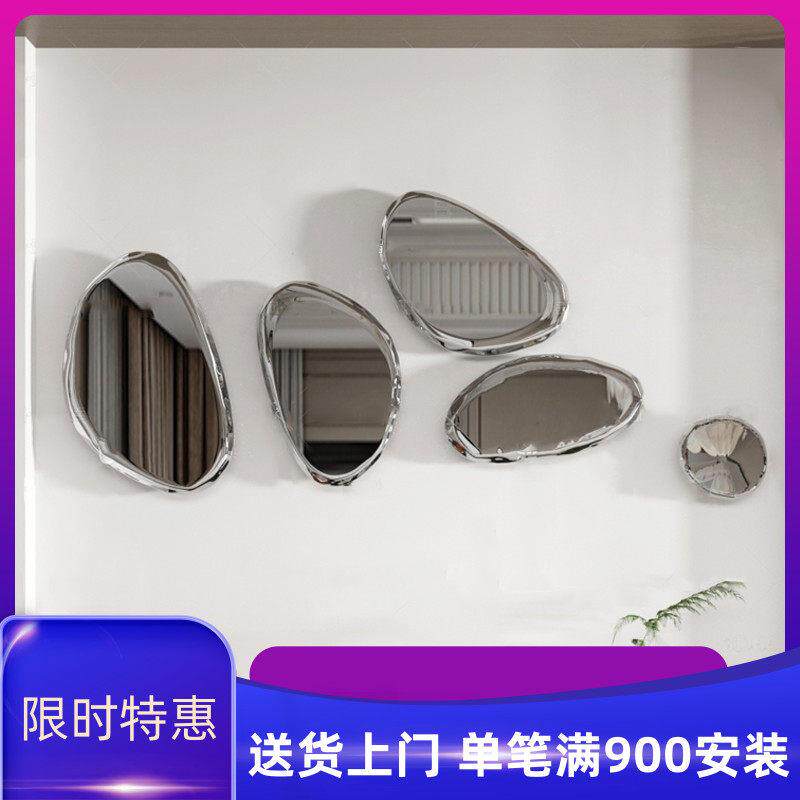 现代不锈钢水滴镜子装置壁挂餐厅样板房墙面装饰鹅卵石头挂饰软装