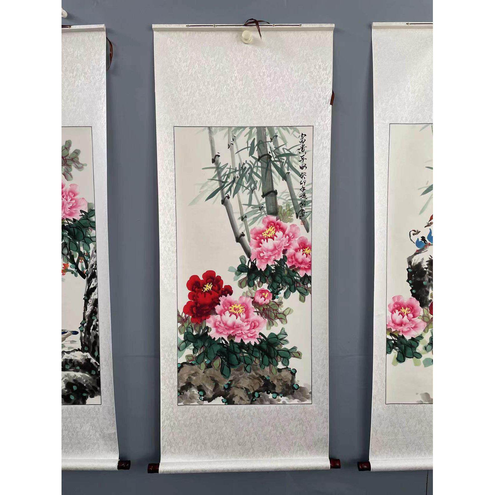 手绘国画牡丹花中式客厅装饰画过道竖挂画书画卷轴入口裱花盛开财