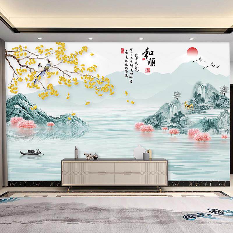 电视背景墙壁画客厅大气山水画8D壁布客厅墙布画图案定制壁纸中式