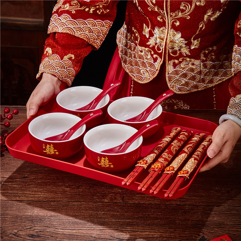 中式婚礼红色陶瓷敬酒杯套装图片