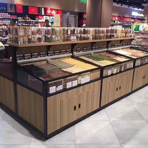超市杂粮干货散装柜干果零食货架展示柜带防护栏散称柜米面粮油架