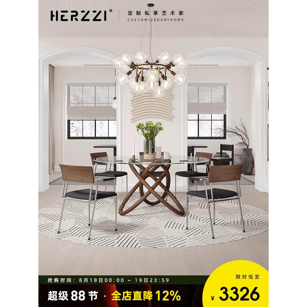 Herzzi新型钢化玻璃双层家庭餐桌,配有转盘,进口灰实木圆形餐桌