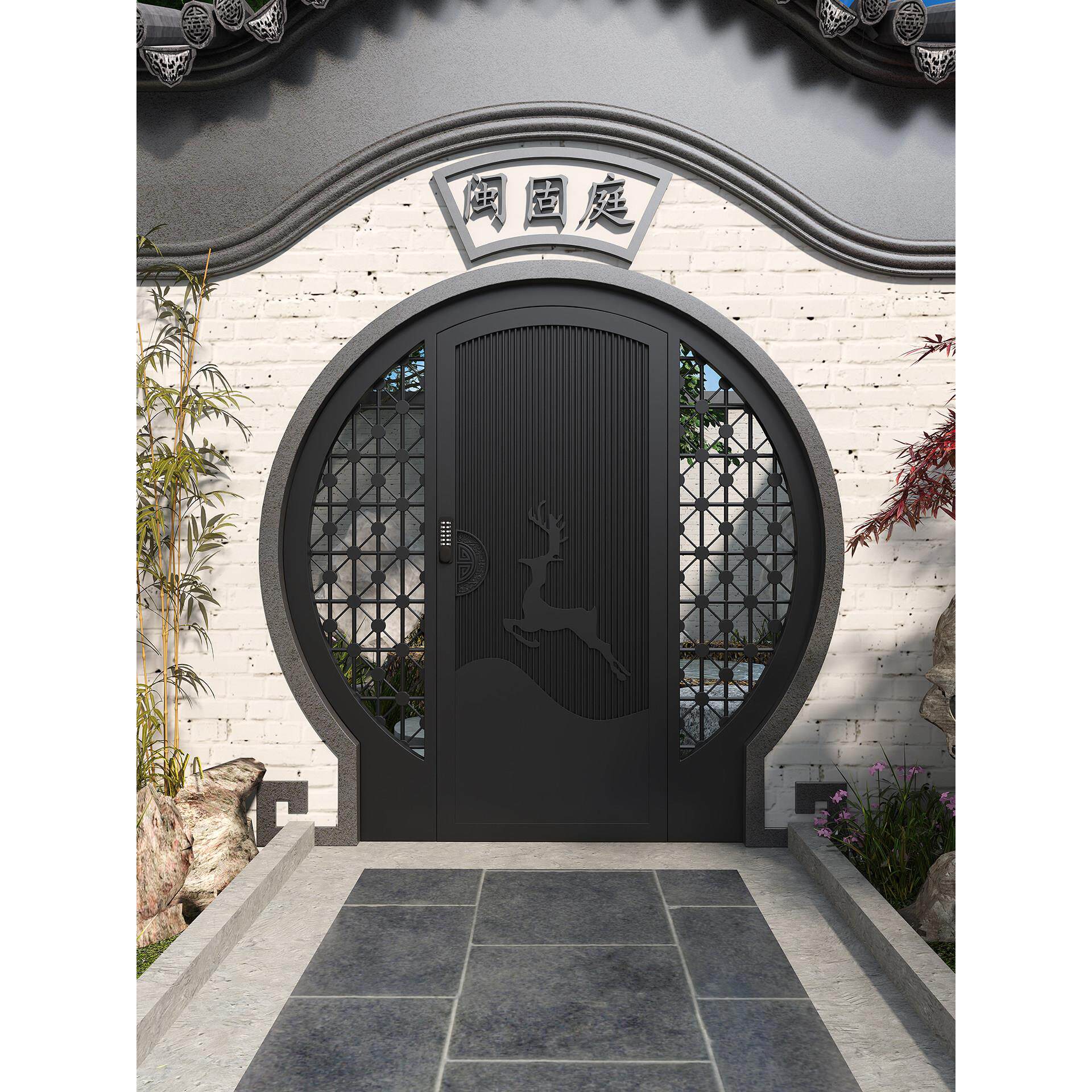 新中式庭院月亮门户外庭院门铝合金庭院门圆形门铁艺大门别墅大门