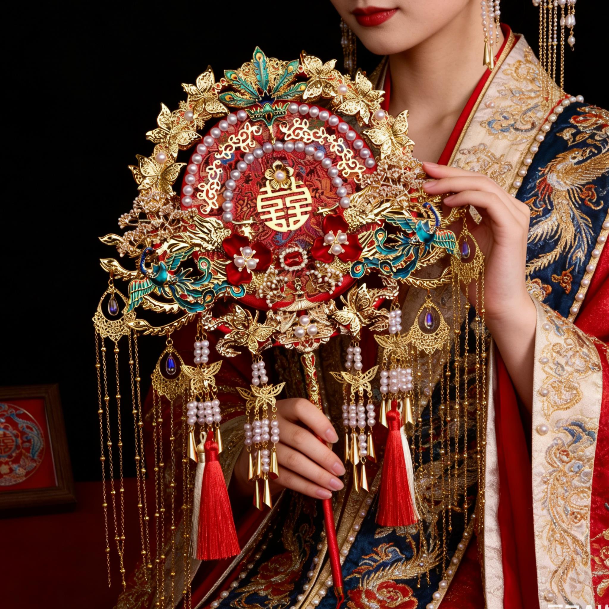 新娘结婚闺蜜金色红色秀禾服双面双色成品圆形团扇DIY手工材料包