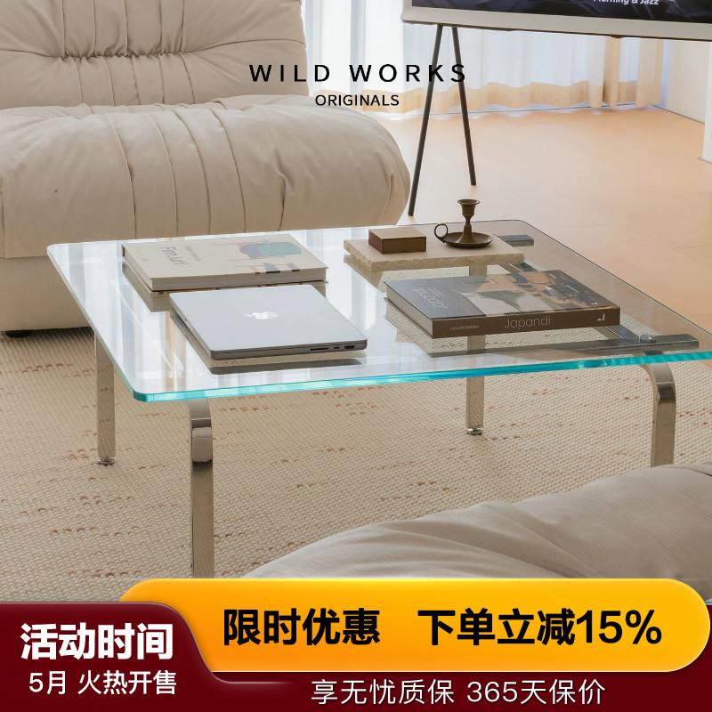 野作弄影茶几玻璃咖啡桌中古不锈钢茶桌客厅沙发边几现代包豪斯