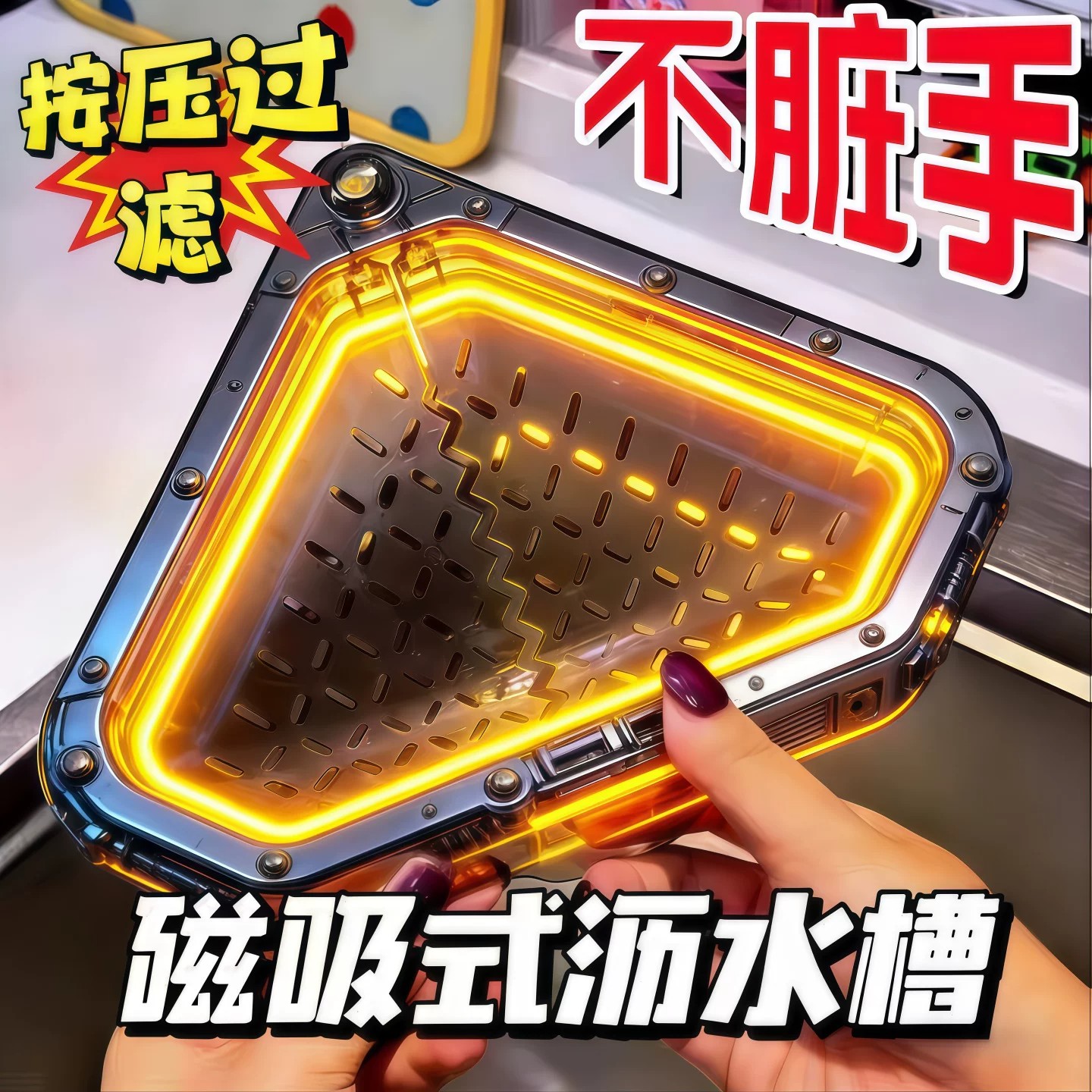 磁吸式沥水蓝家用厨房水槽三角形镂空过滤网篮残渣收纳置物架ZF