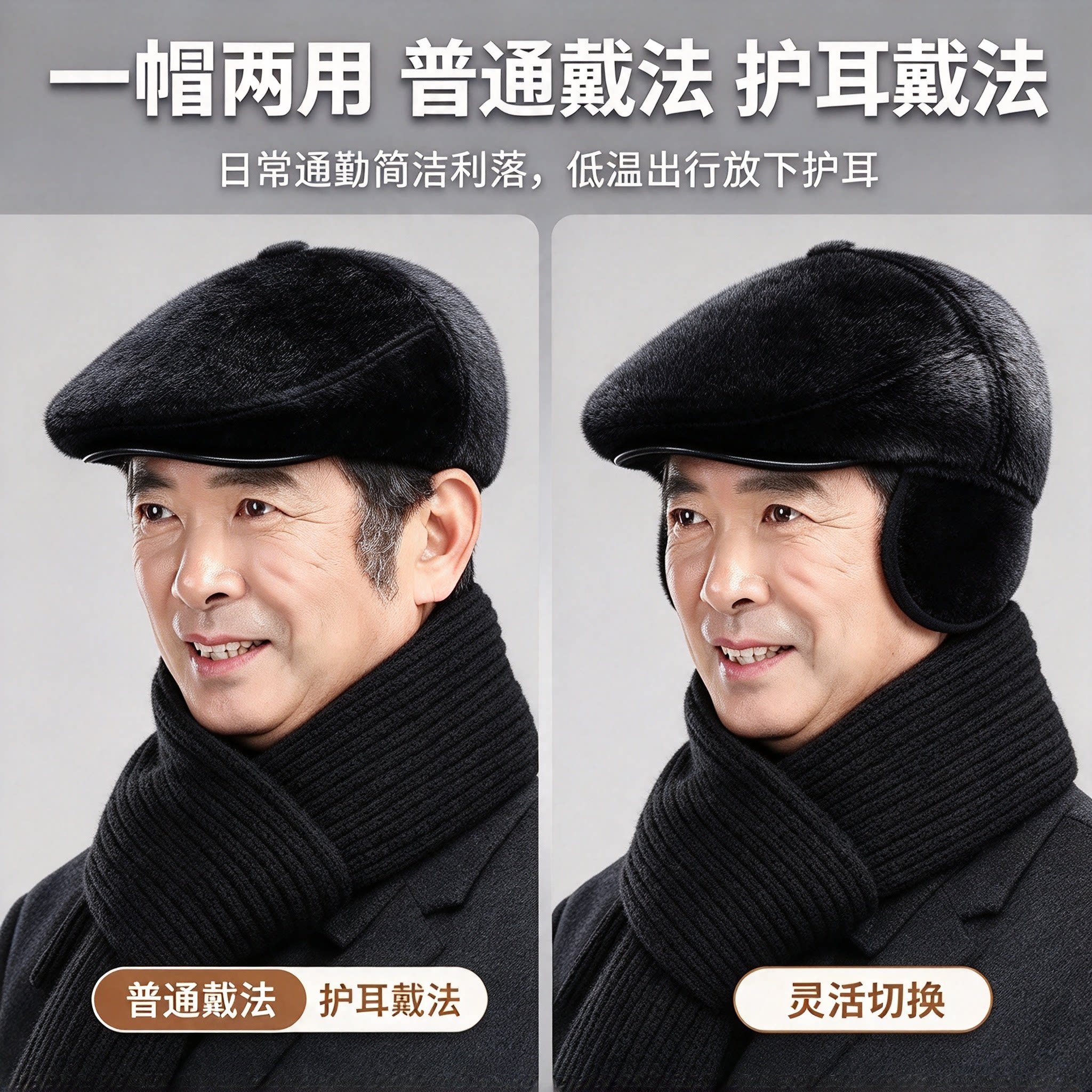 中老年人水貂绒前进帽男士秋冬季鸭舌帽老人爷爷休闲百搭保暖帽YL
