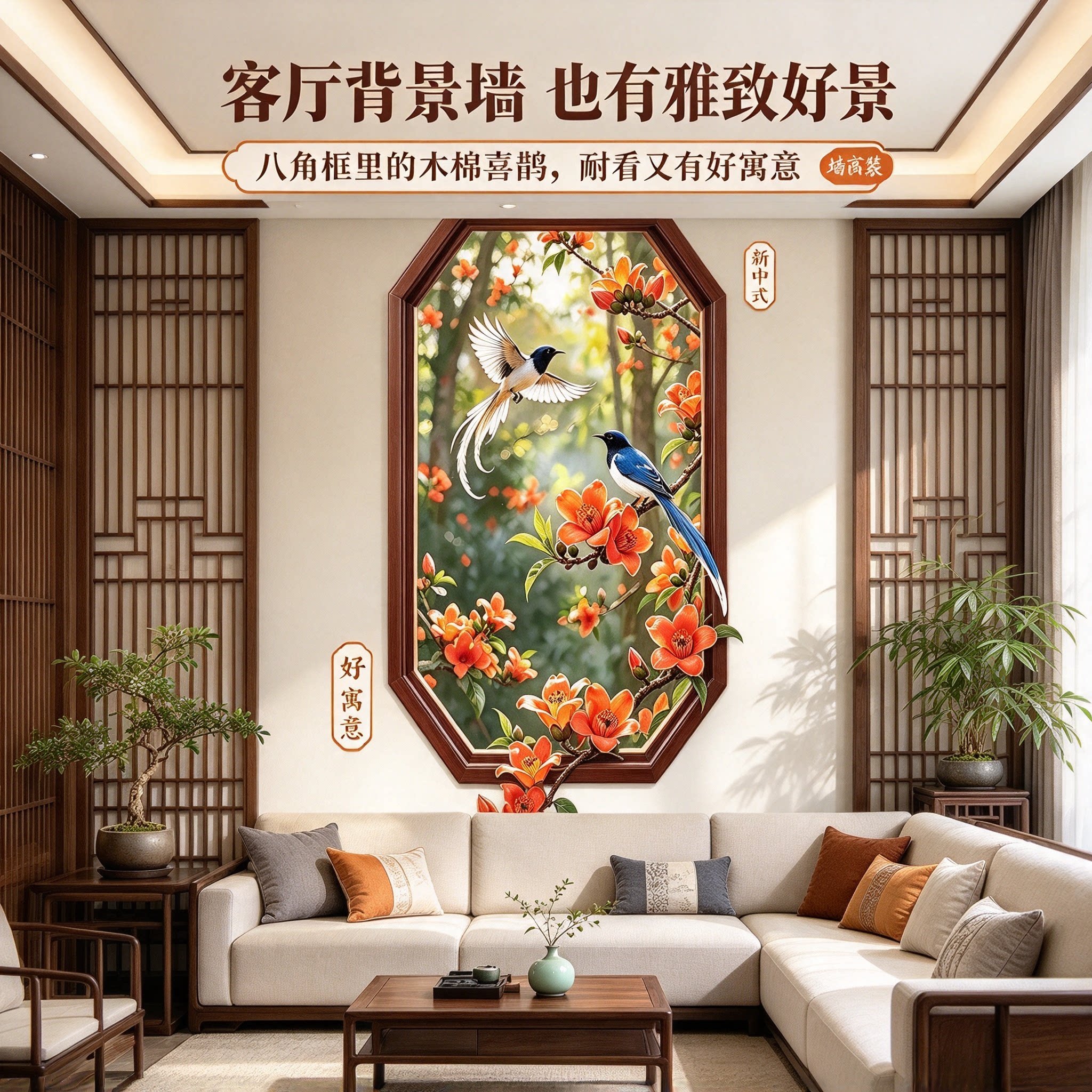 【繁花见喜】八角框喜鹊墙贴自粘客厅玄关茶室墙面装饰自粘画YL