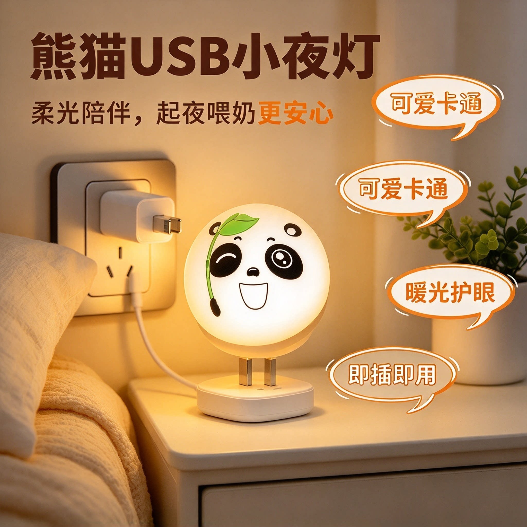 熊猫款人工智能语音小夜灯卡通声控led语音灯迷你USB小灯usb灯YL