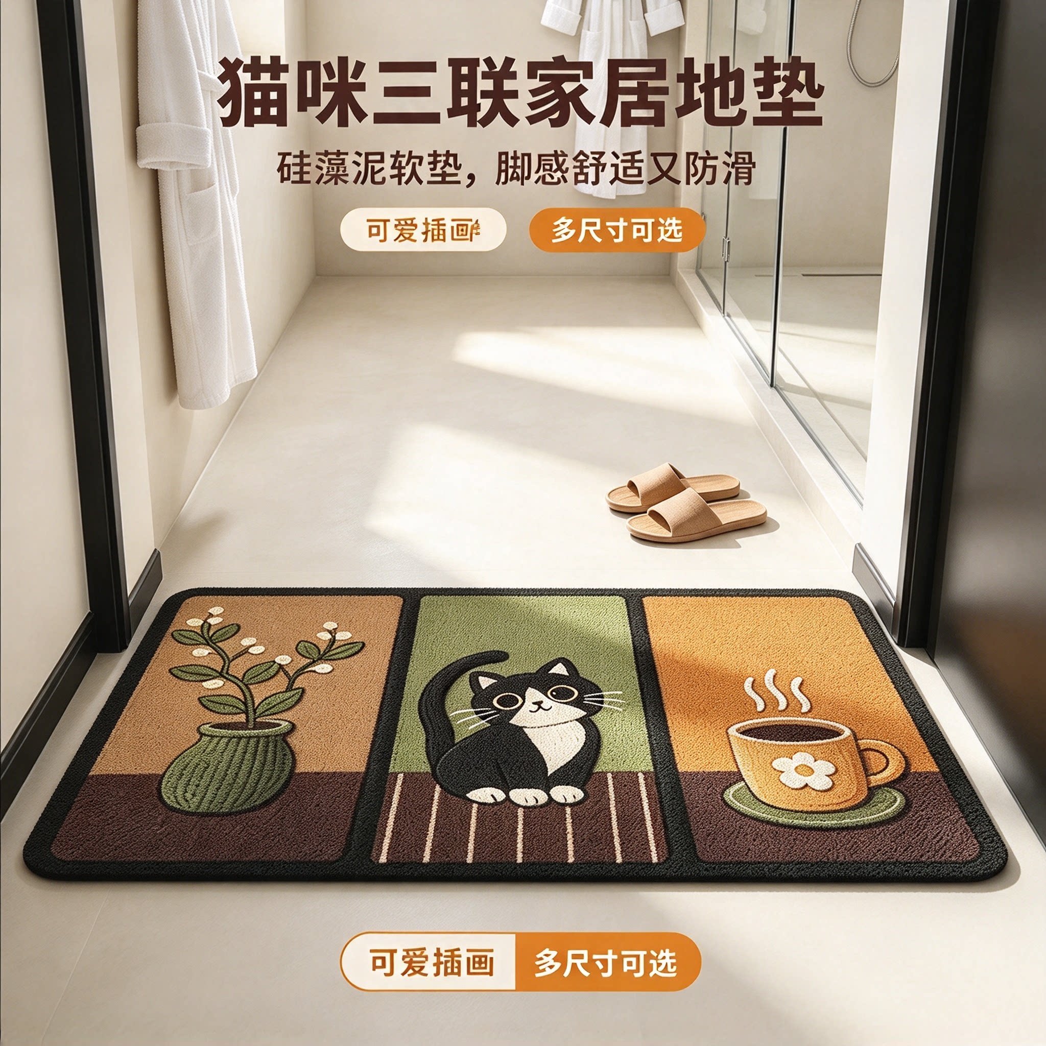 可爱黑猫家用奢华大门口入户门卧室耐磨耐用地毯地垫可裁剪吸水YL