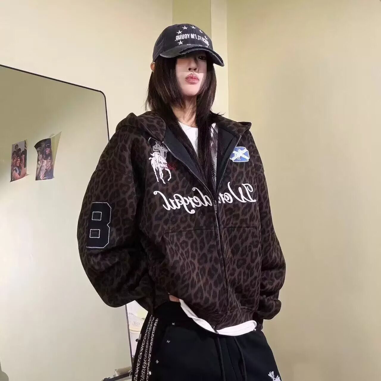 美式街头豹纹刺绣连帽卫衣开衫