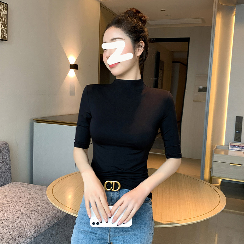 半高领中袖t恤女打底衫内搭2026新款春秋修身高级感五分短袖上衣