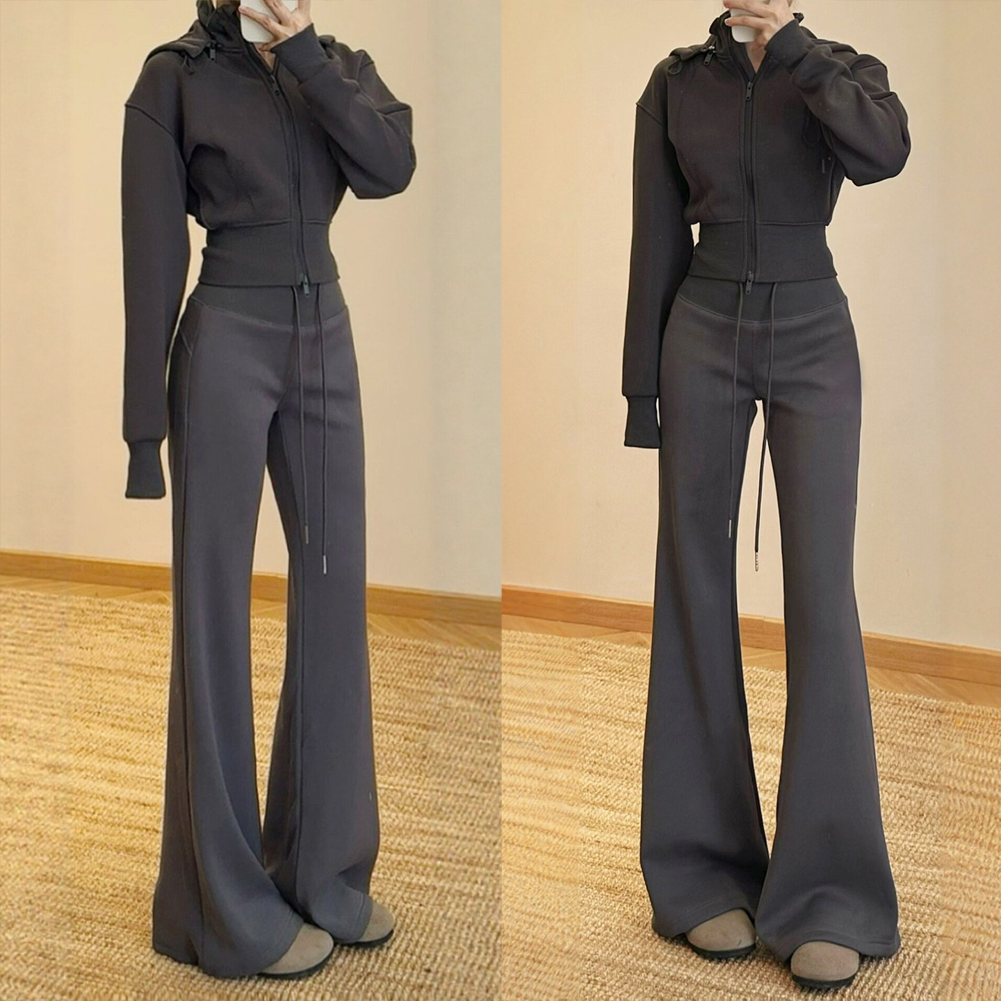 深灰色喇叭运动裤女2026新款春秋季高腰垂感小个子松紧腰微喇卫裤