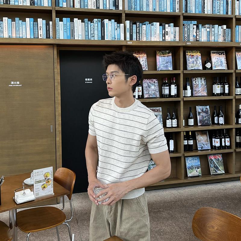 马克斯星球 薄款冰丝条纹针织短袖T恤男夏季新款老钱风宽松休闲