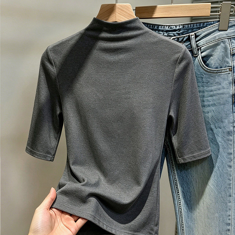 灰色半高领中袖T恤女春秋季内搭