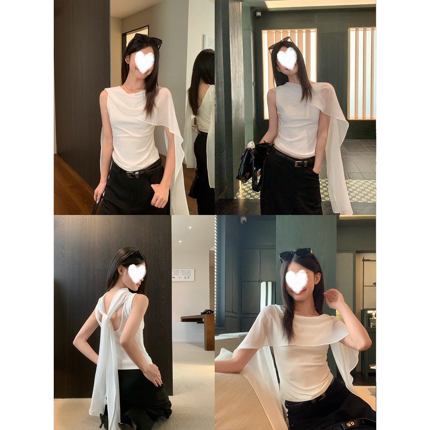 休闲风白色薄纱披肩露背一字领背心女夏新款韩系收腰辣妹修身上衣