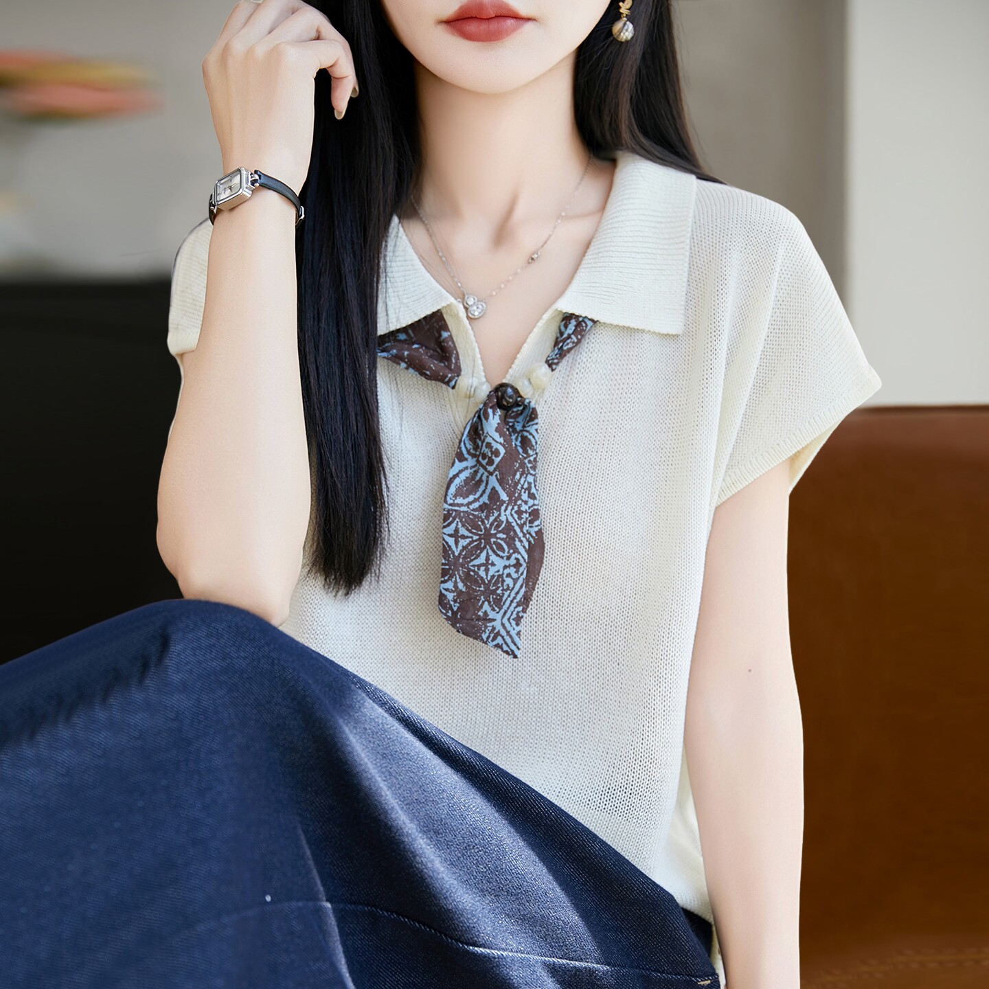 2026新款翻领镂空丝巾针织短袖t恤女夏季薄款冰丝针织衫女装上衣
