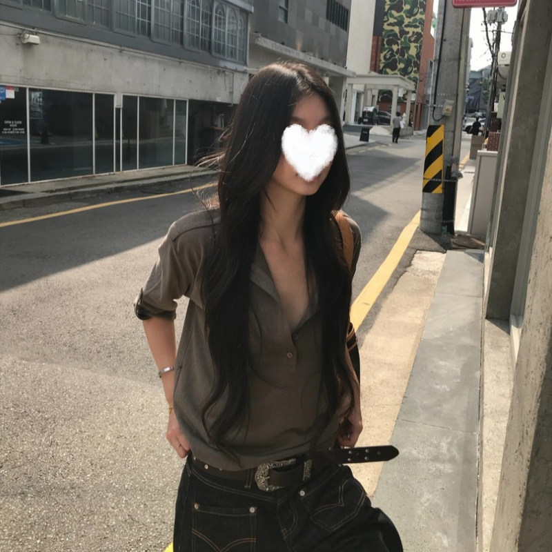 凉皮itspipi 慵懒风亨利领t恤女秋季新款宽松显瘦上衣七分袖女装
