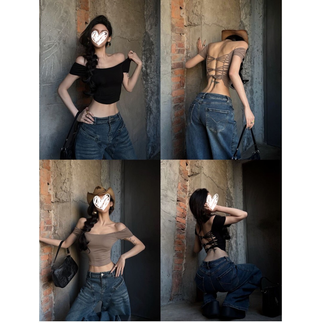 美式辣妹露背一字肩短袖T恤女装夏季性感设计感修身露腰短款上衣