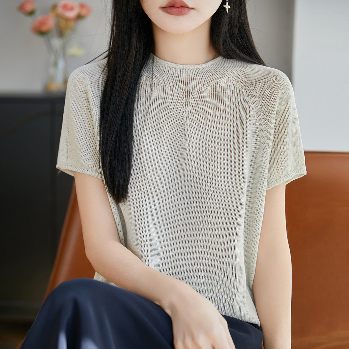 2026新款纯色镂空针织短袖t恤女夏季薄款冰丝针织衫大码女装上衣