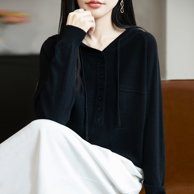 26秋冬新款连帽衫毛衣女宽松黑色百搭纯羊毛衫针织打底衫带帽卫衣